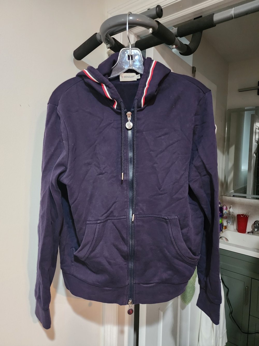 Authentic Moncler Navy Hooded Zip Jacket with Tricolor Hood Trim